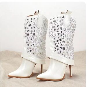 Sexy Brand Luxury Bling White Crystal Mid Calf Stiletto Womens Designer